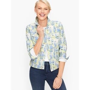 Talbots Printed Jean Jacket XS Blue Green Watercolor Vases Button Front Parisian